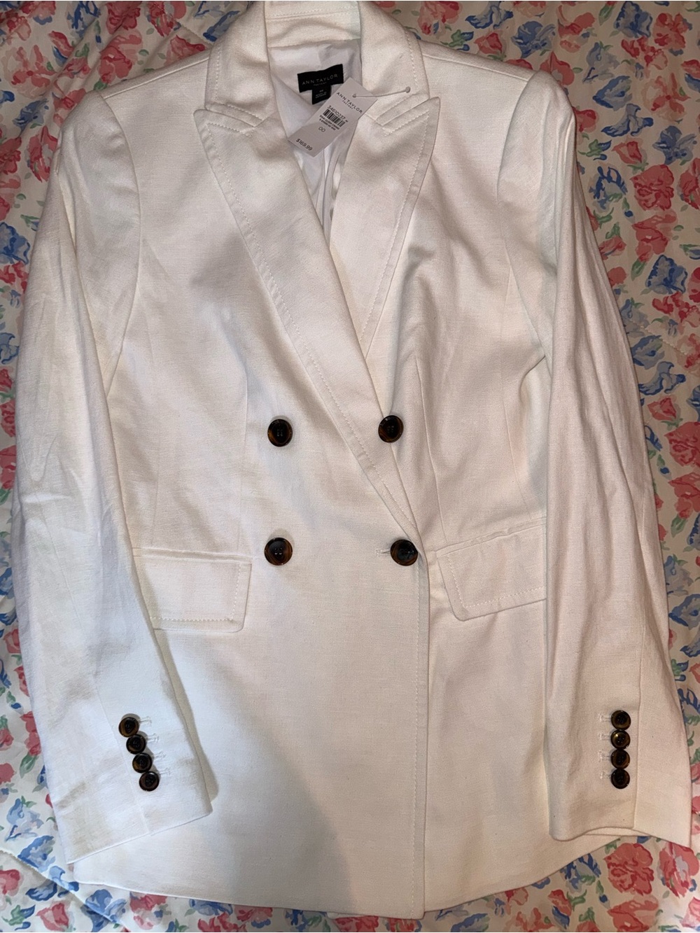 Ann Taylor Factory Linen White Double-Breasted Blazer